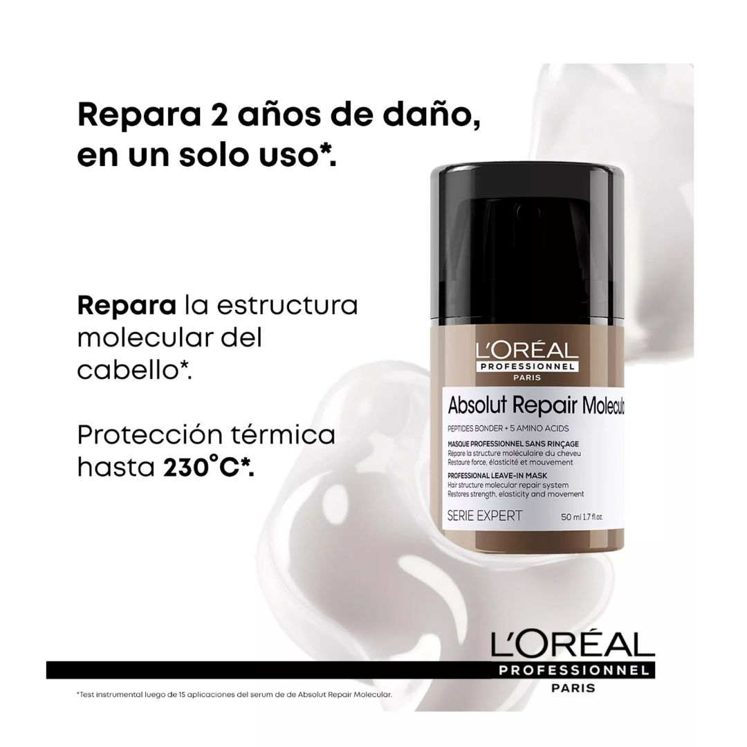 Termo Protector Portable Leave-in-Mask para Reparar el Cabello Dañado ABSOLUT REPAIR MOLECULAR L’Oreal Serie Expert 50ml - Travel Size - Imagen 2