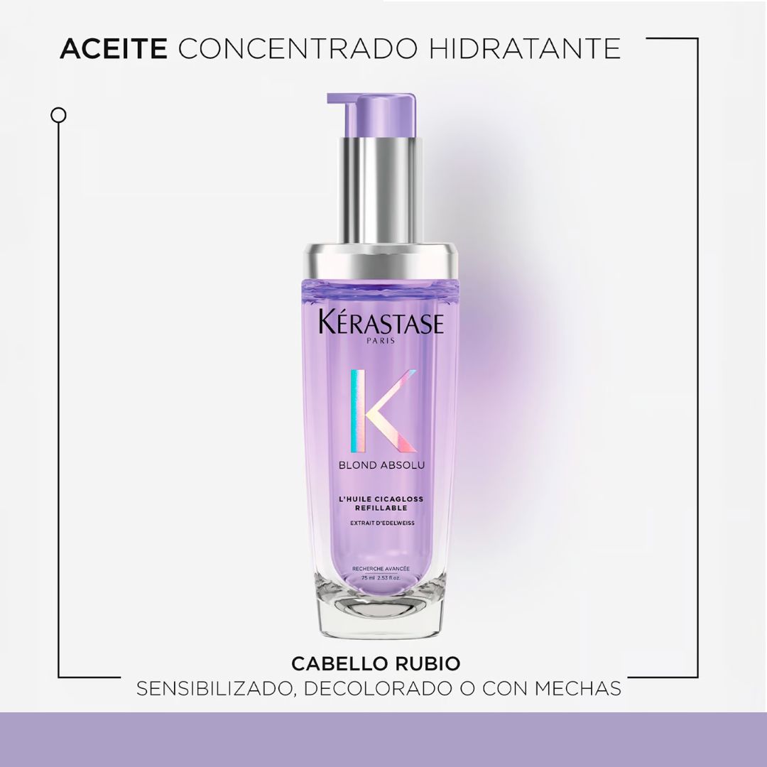 Aceite Termo Protector Hidratante y Fortalecedor para Cabello Rubio Decolorado Kerastase Blond Absolu L´Huile Cicagloss - Recargable 75ml - Imagen 2