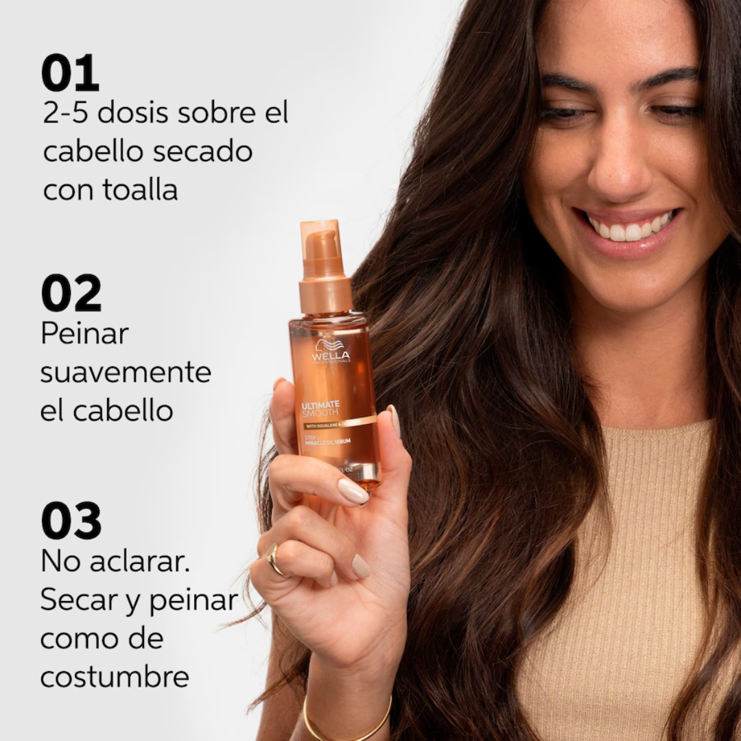 Aceite Anti Frizz para Cabello Seco, Indisciplinado y sin Brillo Miracle Oil Sérum Wella Ultimate Smooth 30ml (Paso 3) - Imagen 2