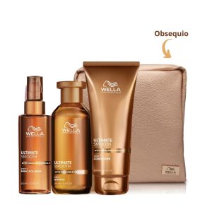 Rutina Hidratante y Anti Frizz para Cabellos Secos e Indisciplinado y sin Brillo Wella Ultimate Smooth (De Finos a Medios) + Cosmetiquera