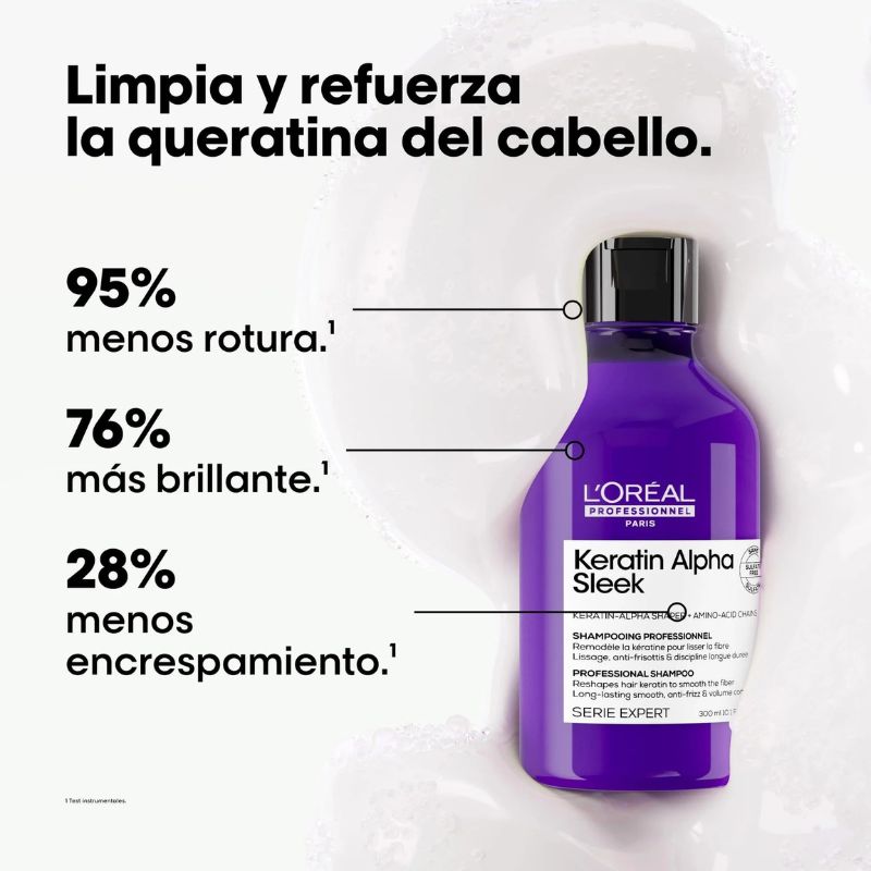 Shampoo Disciplinante Anti Frizz y Anti Volumen Keratin Alpha Sleek L’Oreal Serie Expert 300ml (Paso 1) - Imagen 2