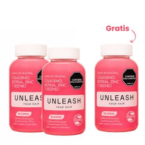 UNLEASH Gomas para el Crecimiento, Fortalecimiento y Prevención Caída del Cabello (Colágeno, Biotina, Zinc y Selenio) 180 Gomas (Paga 2 Lleva 3)